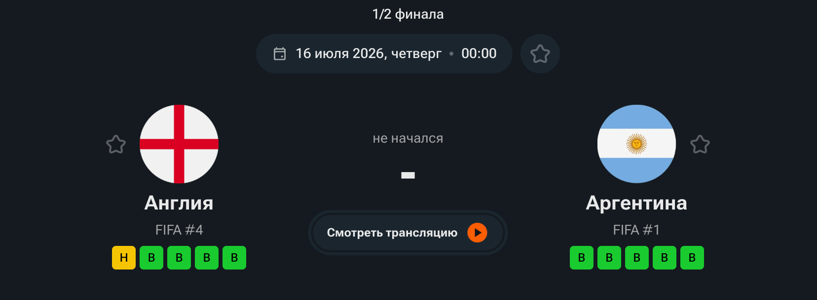 Англия – Аргентина (1/2, 15.07.2026) Англия – Аргентина (1/2, 15.07.2026)